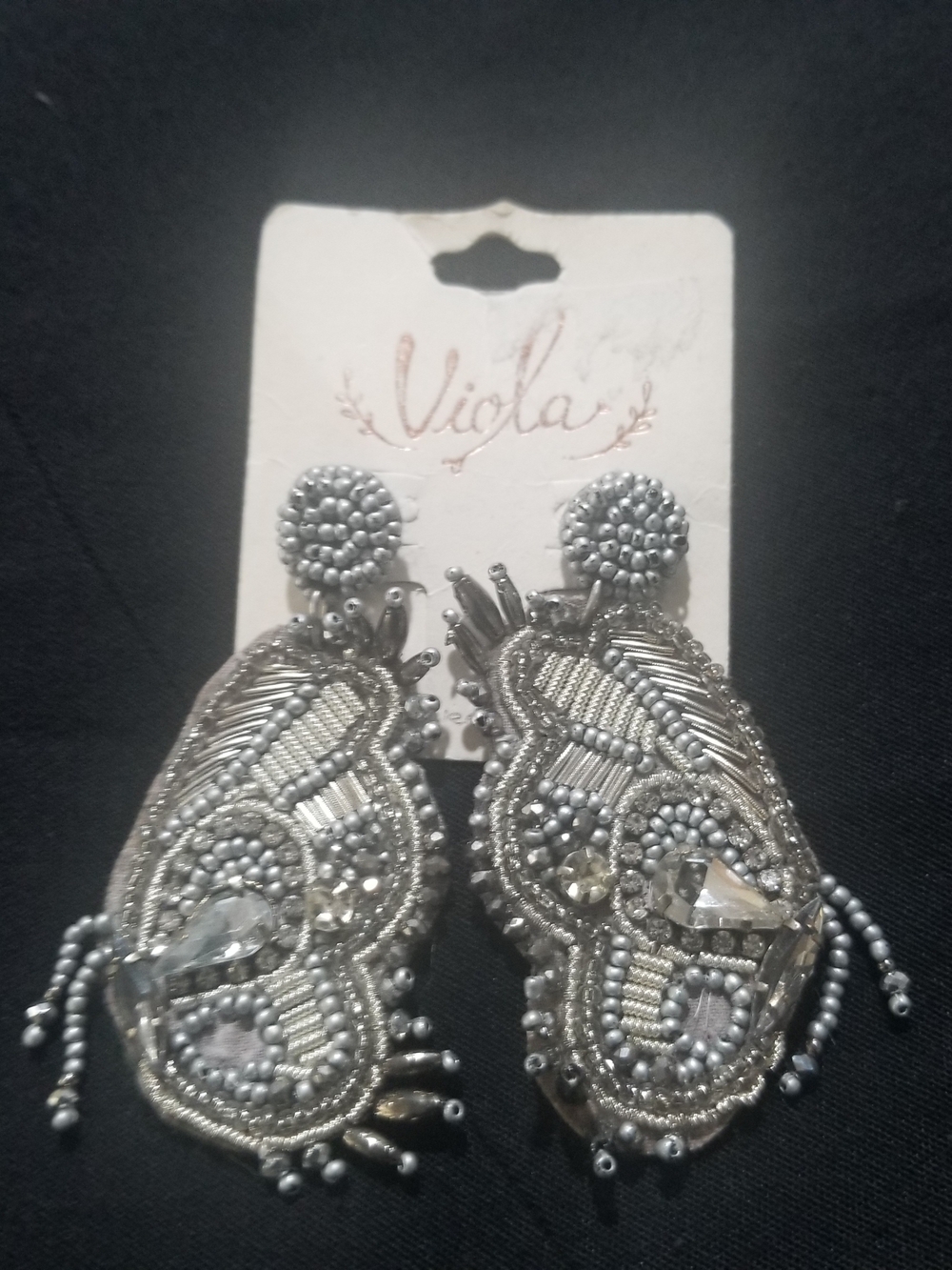 Silver Butterfly HandBeaded Drop Fringe Earrings